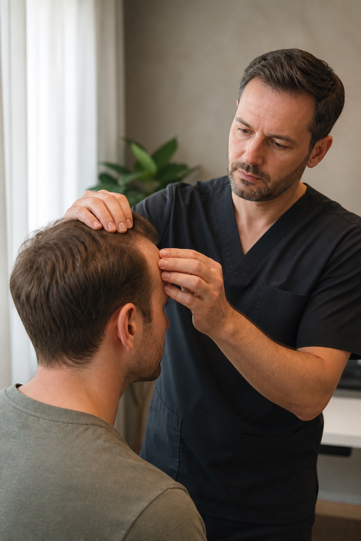 Ärztliche Beratung und Untersuchung der Haarlinie vor einer möglichen Haartransplantation